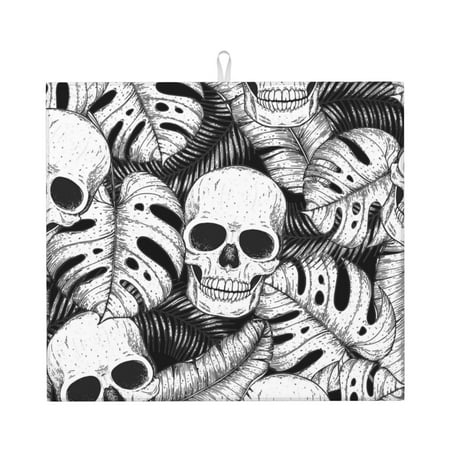 

Pofeuu Skull and palm leaves Print Ultra Water Absorbent Microfiber Dish Drying Mat Drying Mat for Kitchen Kitchen Counter Accessories