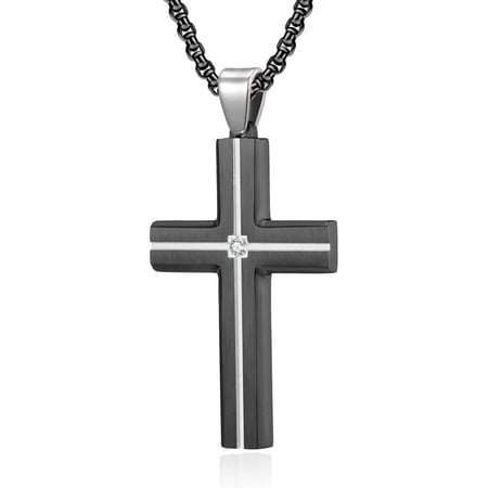 Cubic Zircon Cross Best Pendant Surgical Stainless Steel, Customized Hidden Information on The Back, Parallel Cutting Line Cross Necklace Christian Religious Charm for Men Women Easter Gift[a144]