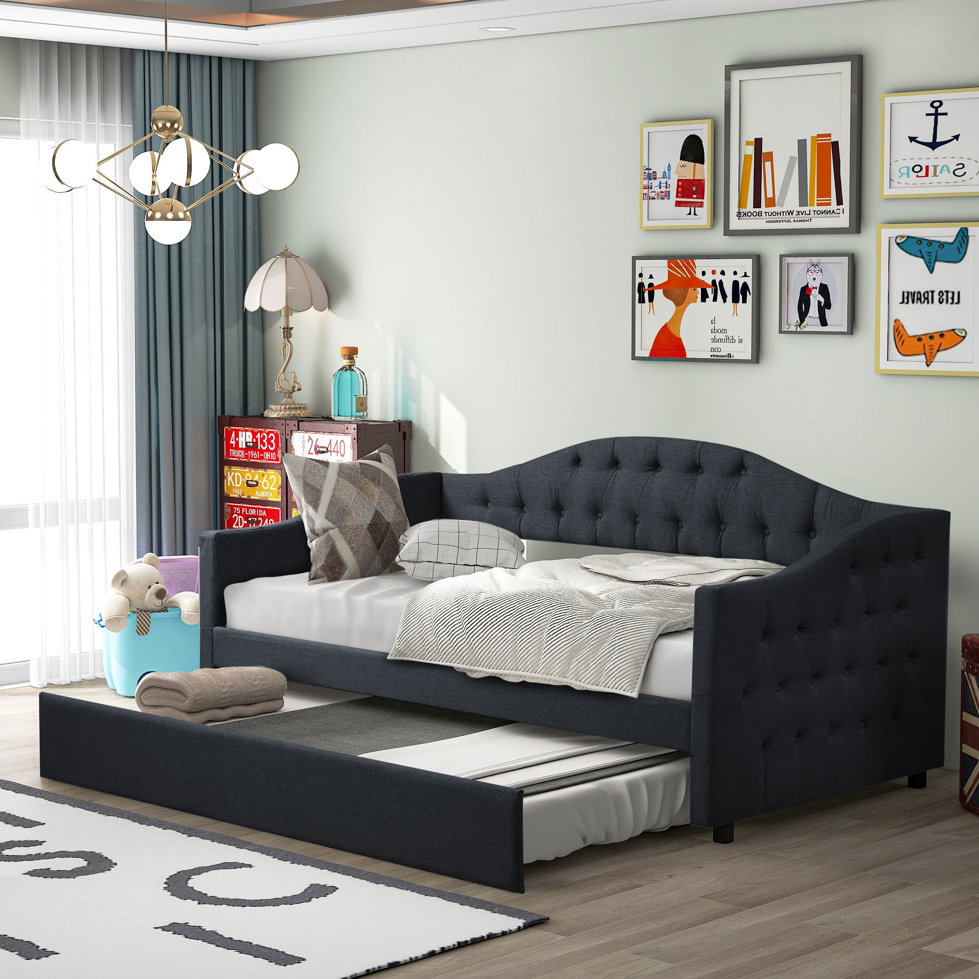 EUROCO Upholstered Twin Daybed with Trundle, Wood Tufted Sofa Bed for Living Room, Gray