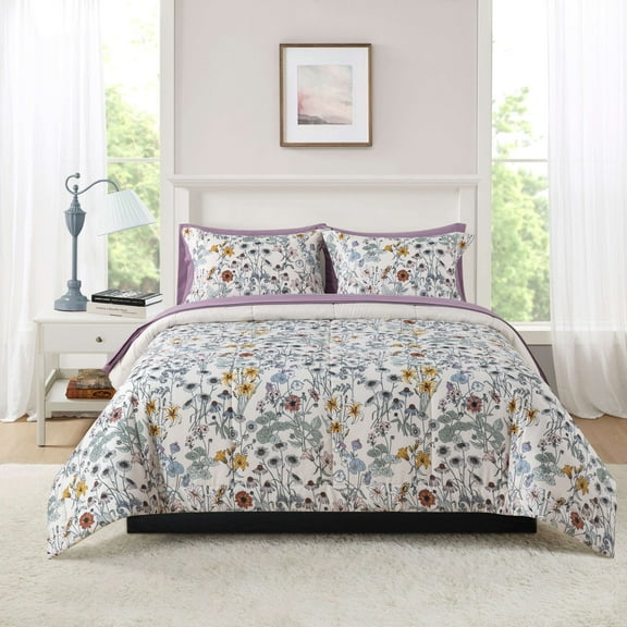 Mainstays All in One Reversible Comforter and Sheet set- 7 Piece, Full, White Multi Floral