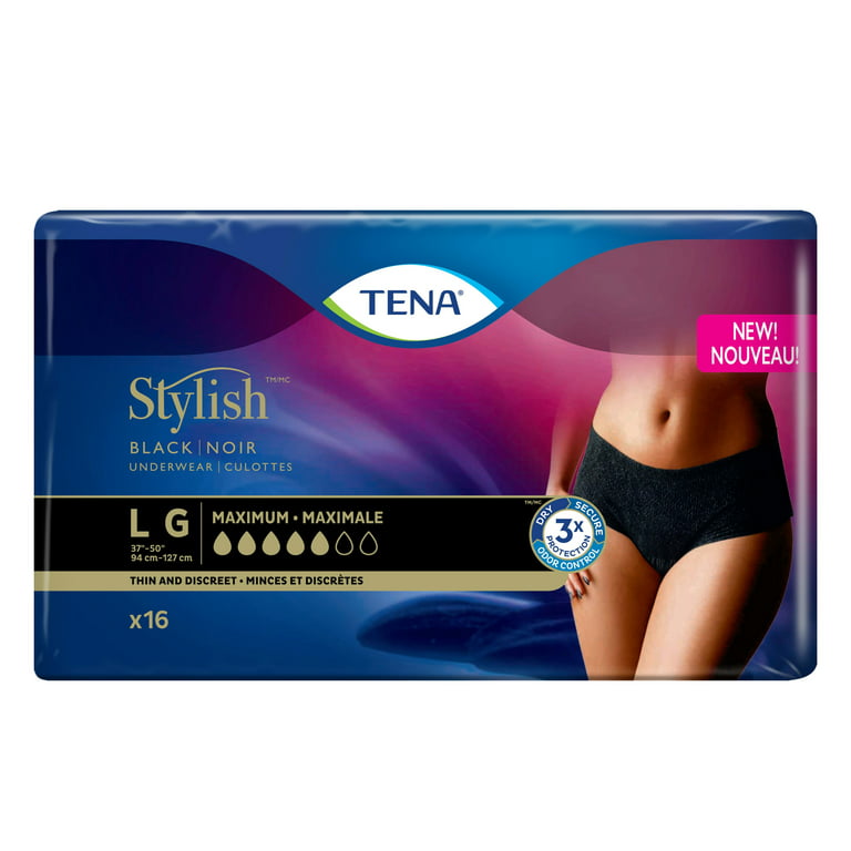 Tena Stylish Black Incontinence Protective Underwear for Women, Maximum  Absorbency, Large, 16 Count 