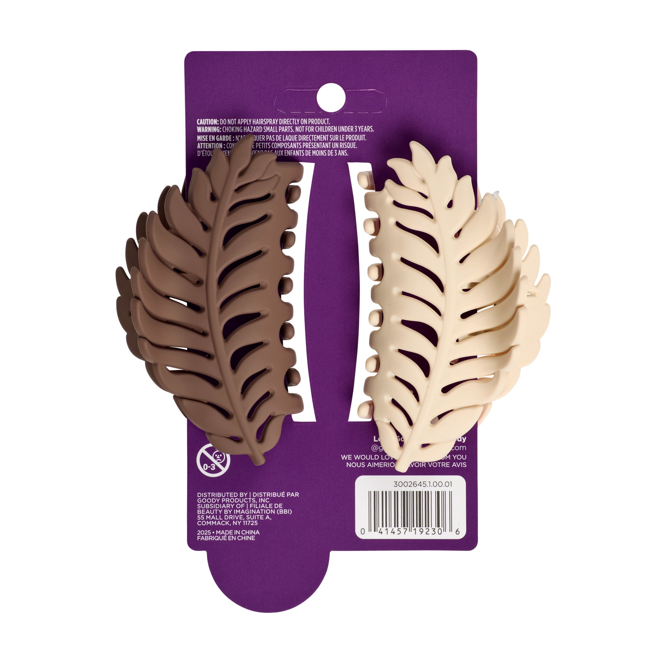 Goody Leaf Claw Clips, SlideProof Grip®, Comfortable Hold, White & Brown, 2ct, For All Hair Types