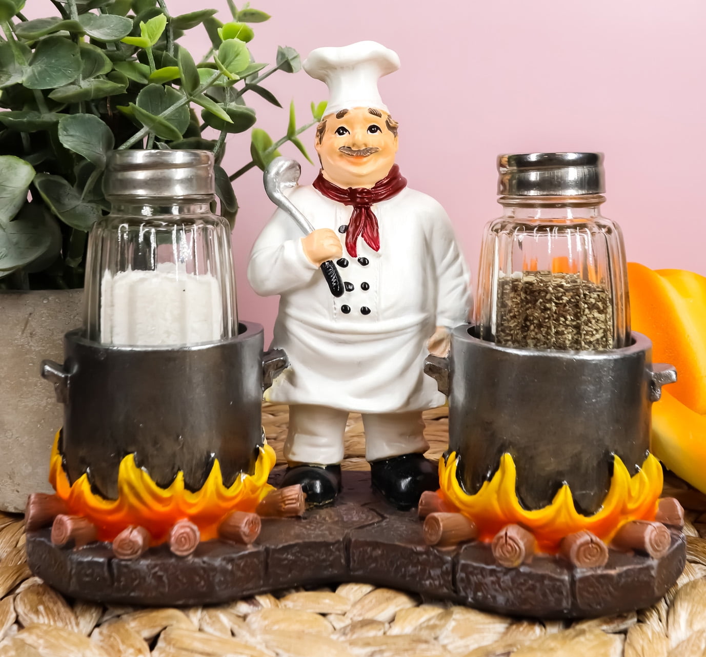 Chef Fat Chef Kitchen Décor Novelty Salt and Pepper Shaker Set with Stand 