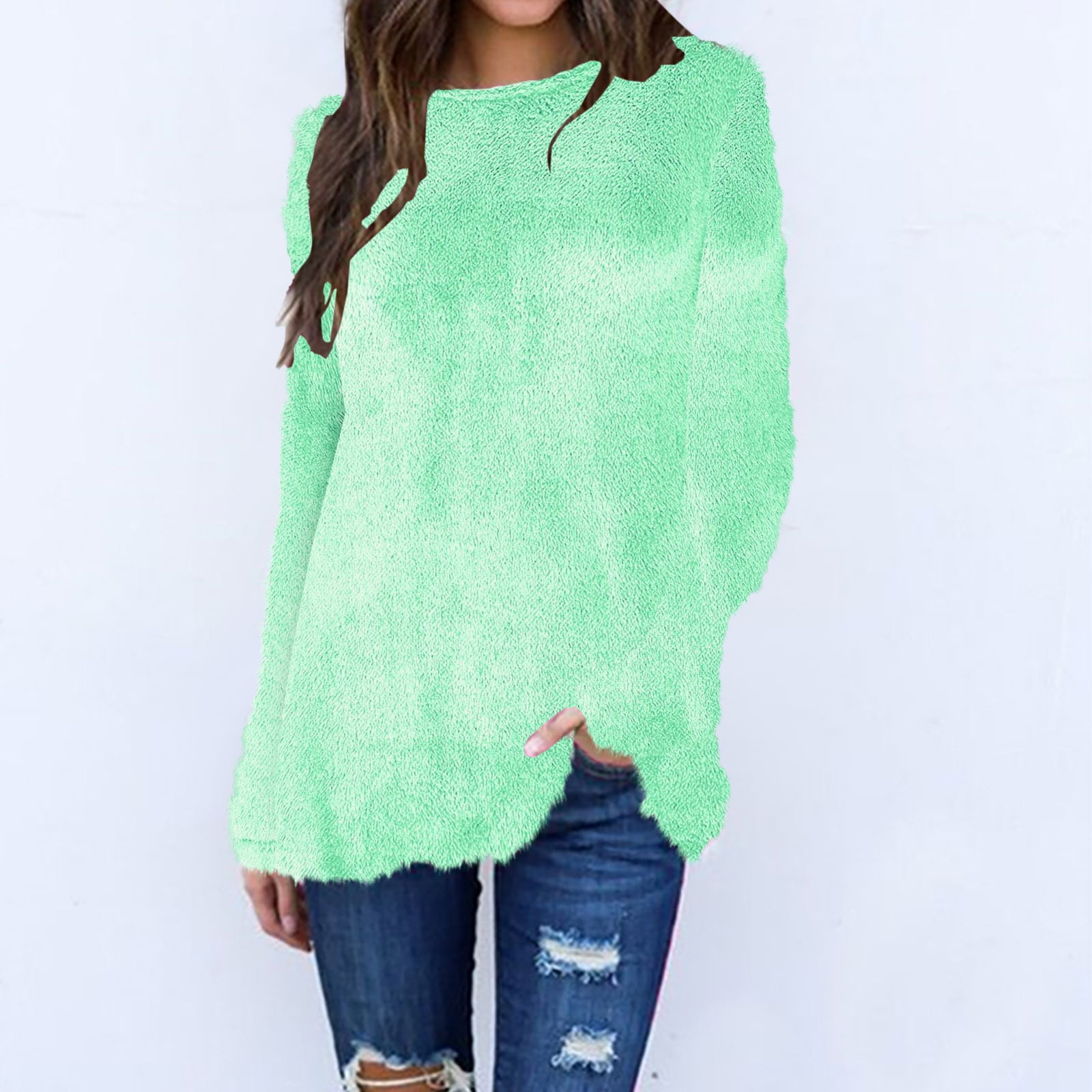 Chandail Tunique Col Rond Uni pour Femmes Chandails en Molleton en Polaire Pulls Décontractés Couleur Unie Manches Longues T-Shirts