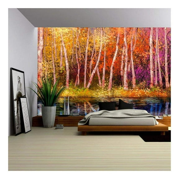 wall26 - Oil Painting Landscape - Colorful Autumn Trees. Semi Abstract Image of Forest - Removable Wall Mural | Self-Adhesive Large Wallpaper - 66x96 inches