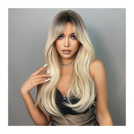 Brown Blonde Long Straight Synthetic Wigs with Bangs Cosplay Wig for Women High Temperature Natural Fake Hair