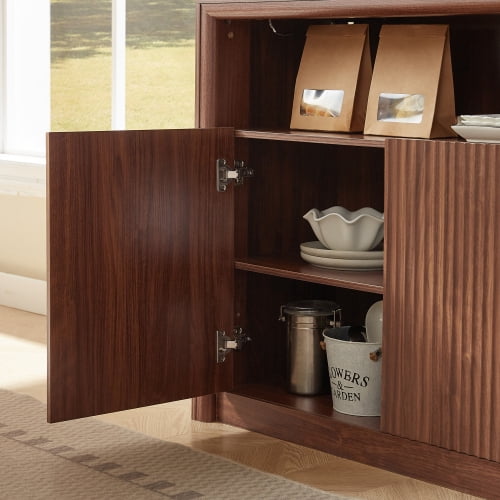 67" Wooden Sideboard Buffet Cabinet with LED Lights and Outlets, 4-Compartment Storage, Walnut