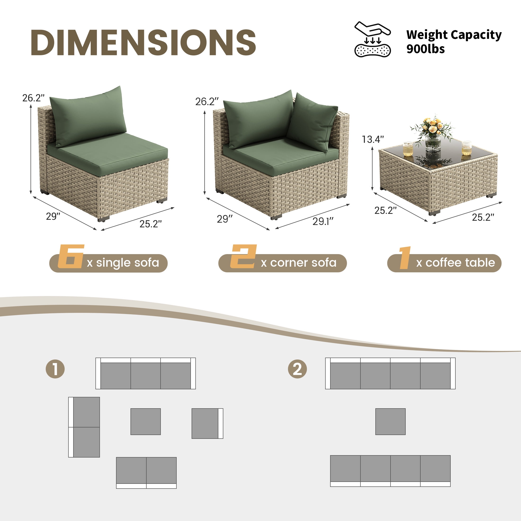 POTEBAN 9 Pieces Outdoor Patio Furniture Set, Grey Rattan Wicker Conversation Sectional Sofa Set with Cushions for Backyard. Green