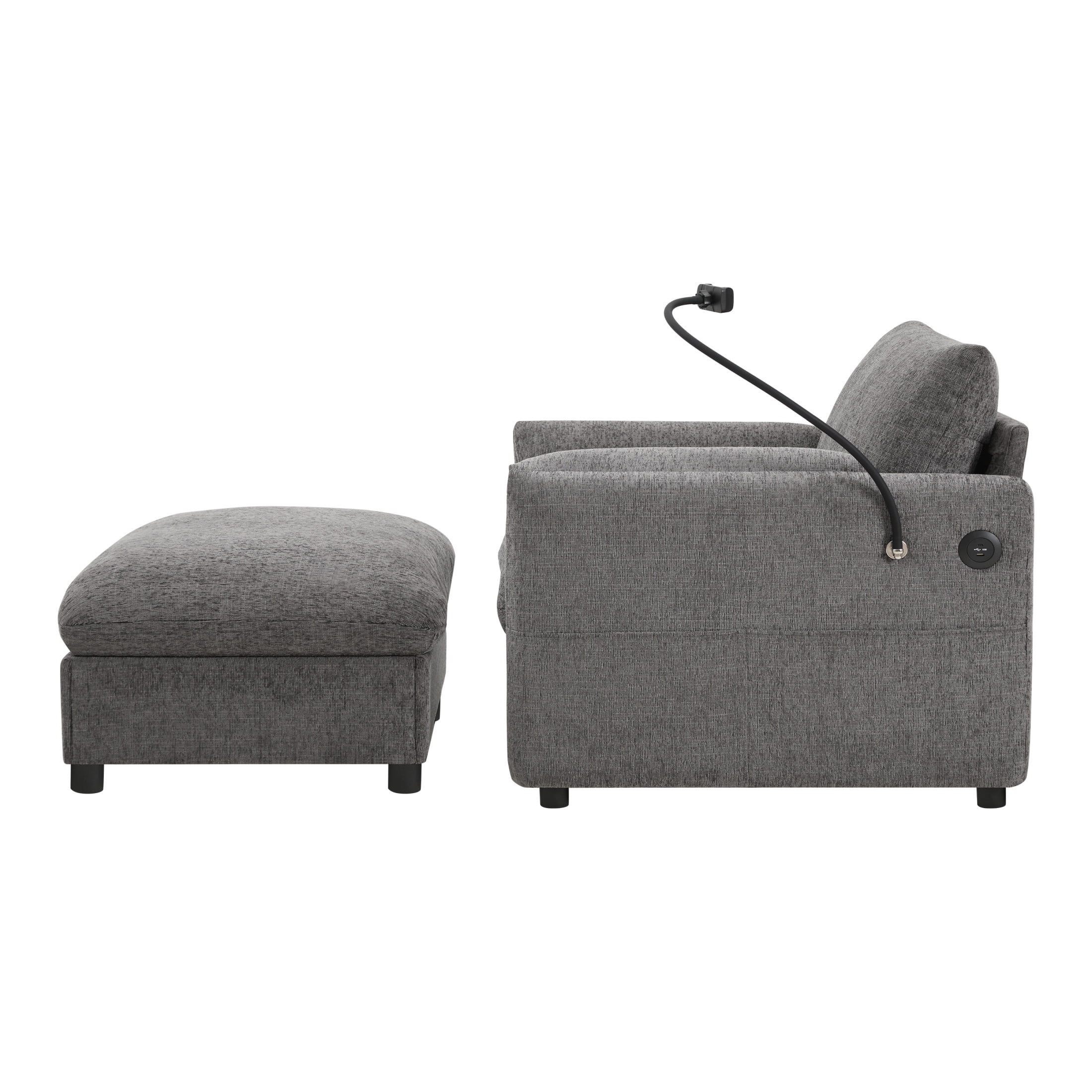 Noble House Odette 37" Chenille Upholstered Armchair with Storage Ottoman and Charging Port, Cloud Chaise Lounge, Gray