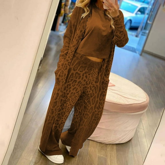 Pyhlmscde Women's Leopard Print Long Sleeved Cardigan Jacket And Trousers Two Piece Set, 2 Piece Sweater Sets For Women, Suits For Women, Womens Set