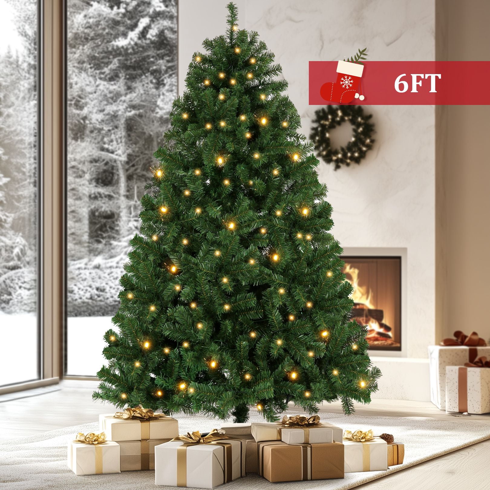 Funcid 6ft Premium Pre-Lit Hinged Artificial Christmas Tree Full Tree with 1477 PVC Branch Tips, 250 Multicolored Lights, 10 Light Sequences, Foldable Metal Stand, Green