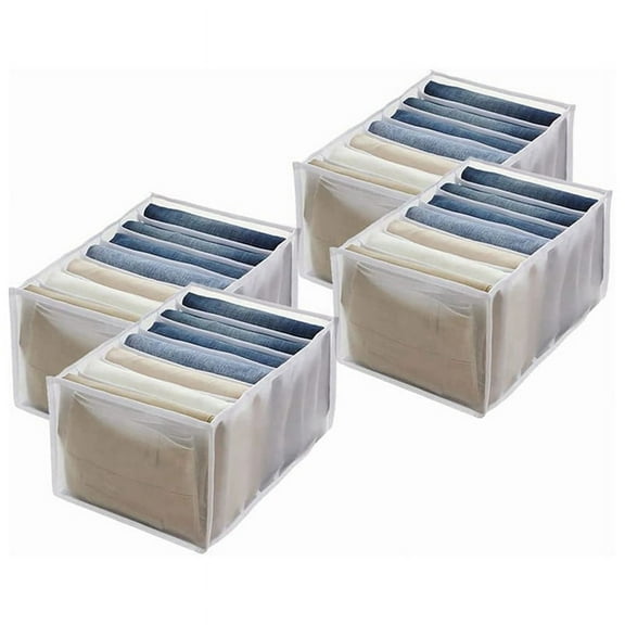 4Pcs Wardrobe Storage Organiser, Jeans Compartment Storage Box Closet, Foldable Drawer Clothes Organizer Mesh ,White