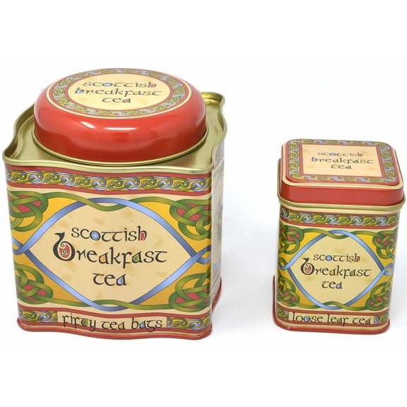 Royal Tara Set of 2 Scottish Black Teas - Scotland Breakfast Loose Leaf Tea & Scottish Breakfast Tea - Celtic Weave Metal Tin