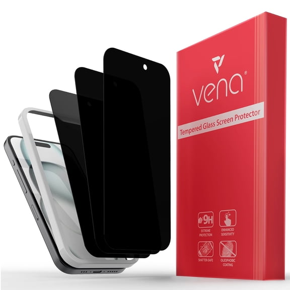 VENA 2-Way Privacy Tempered Glass Screen Protector Compatible With Apple iPhone 15 (6.1"-inch) - 3 Packs, (9H Hardness, Shatterproof Glass) Anti-Spy Bubble Free Film with Installation Frame