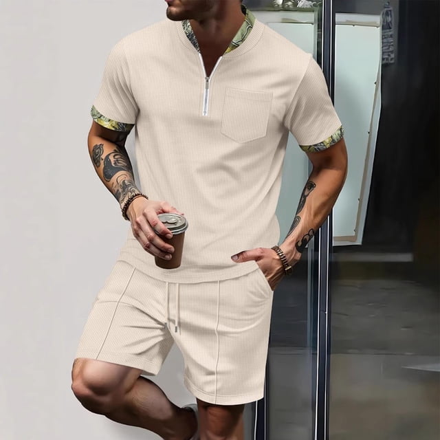 Styesk Pièces Tenues pour Hommes 2 Pcs Mode Décontractée Manches Courtes Col Rabattu Pantalon Ensemble Deux Taille Élastique