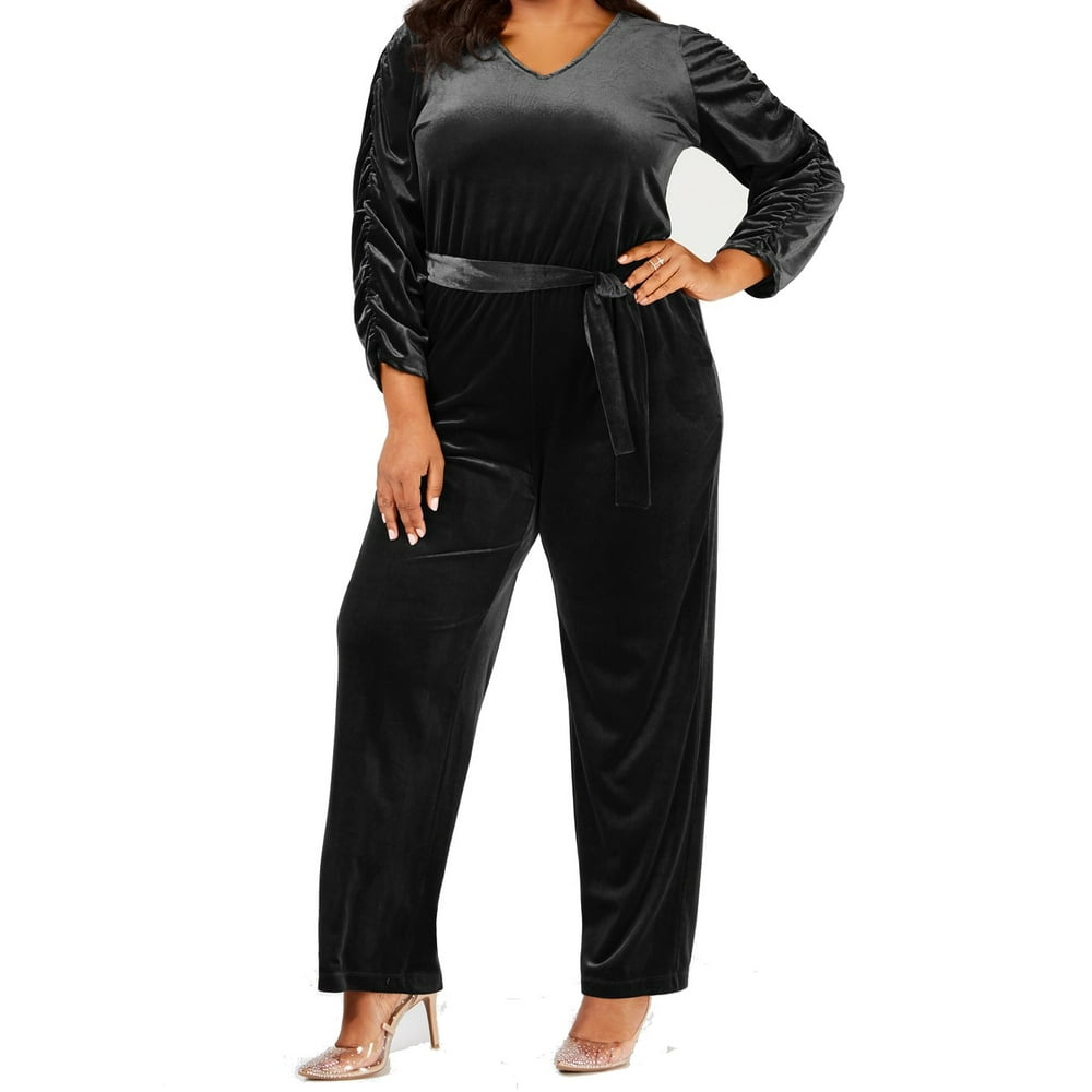 NY Collection Womens Jumpsuit Black Petite Plus Velvet VNeck 70 2XP