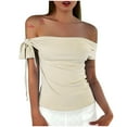 thumbnail image 2 of Xixinqiwan Women's Sexy Off The Shoulder Tops Tie Knot Short Sleeve Slim Fit Stretchy Shirts Blouses Top, 2 of 5