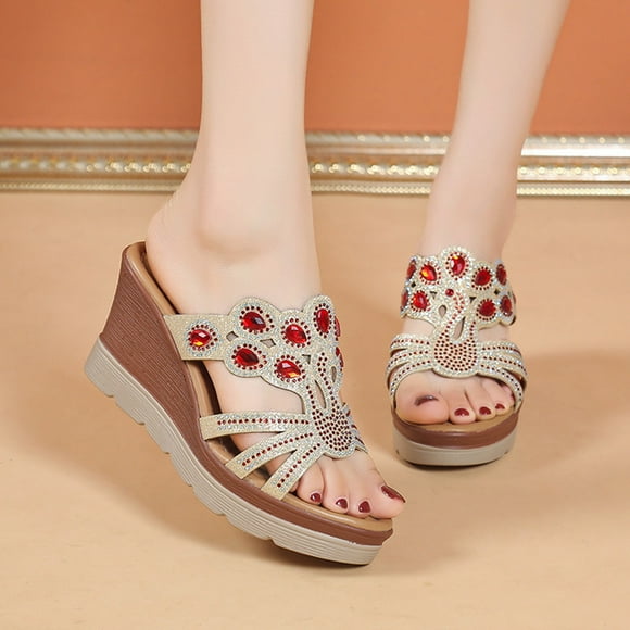 SEANOPEN Deals Wedge Sandals for Women Dressy: Summer Open Toe Low Platform Wedges Sandals Sparkly Rhinestone Flower Comfortable Casual Shoes Size 8.5 Red