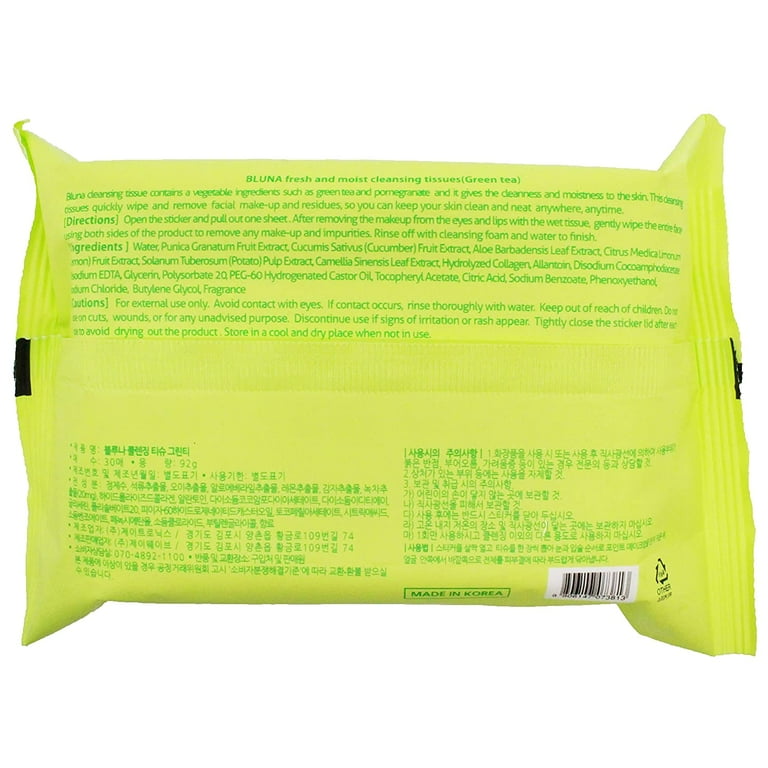 Bluna Facial Make Up Cleansing Tissue for All Skin Types Green Tea 30ct per pack 12 PACK