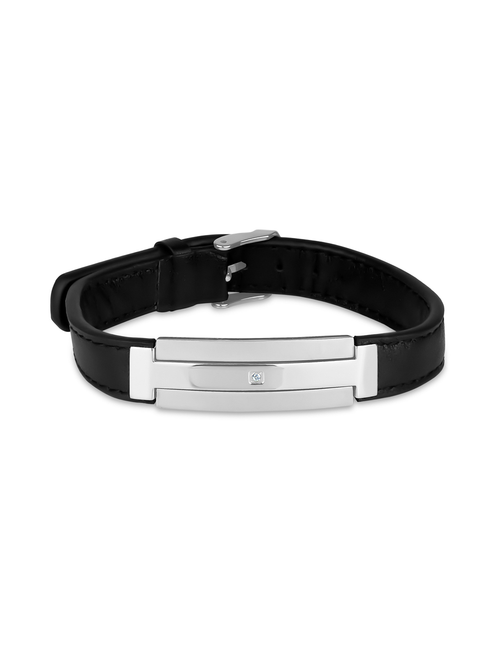 CZ Satin ID 316L Stainless Steel Leather Buckle Bracelet, 9"