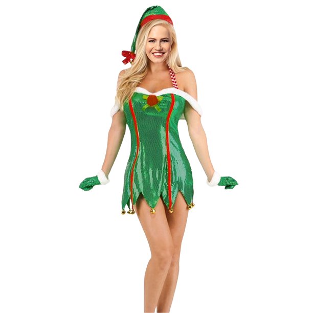 Vestido mini ajustado con cuello halter, sin mangas, con lentejuelas y espalda descubierta, con guantes y sombrero, para mujer, disfraz de cosplay