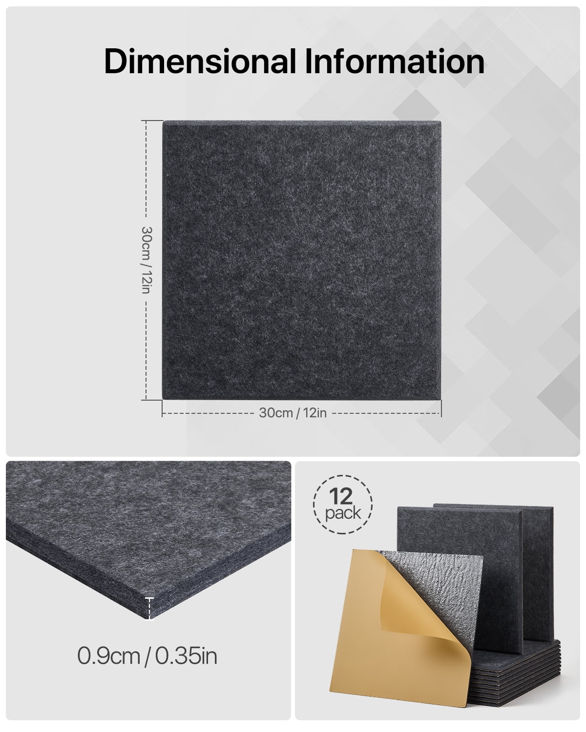 Soundsbay Soundproof Wall Panels Square Self-Adhesive Soundproof Absorbing Noise Cancelling Wall Panels 12 Pack Dark Gray 12'' x 12'' x 0.4''