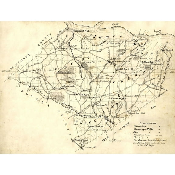 Historic County Map - Surry County Virginia - 1871 - Vintage Wall Art