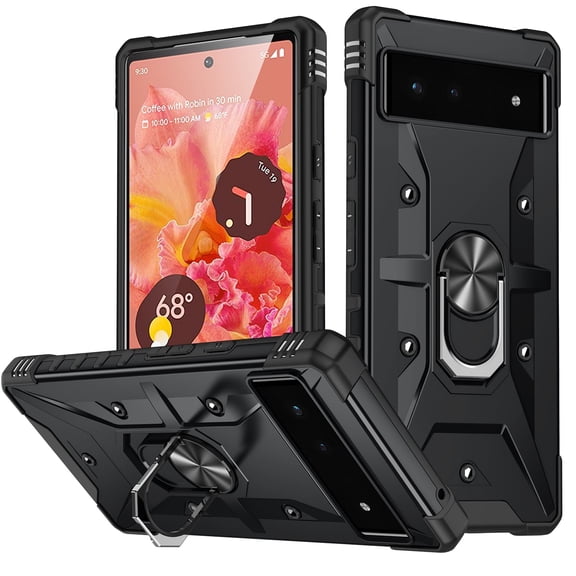 for Google Pixel 6A Multi-Functional Case, Rugged PC Magnetic Cover Built-in Car Mount &  Rotatable Metal Ring Kickstand Military Grade Shockproof Protective Shell, Black