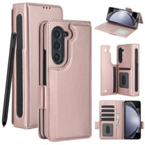 Dteck for Samsung Galaxy Z Fold 6 Wallet Case with 6 Credit Card Slots and S-Pen Slot,RFID Blocking Multi Card Function Magnetic Clasp Kickstand for Man Women, Rosegold