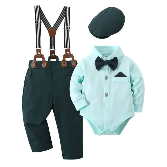 WESIDOM Toddler Infant Boy Suits Formal Outfit Romper Hat Pants Bowtie Set 3-24M 4pcs Cotton Fabric