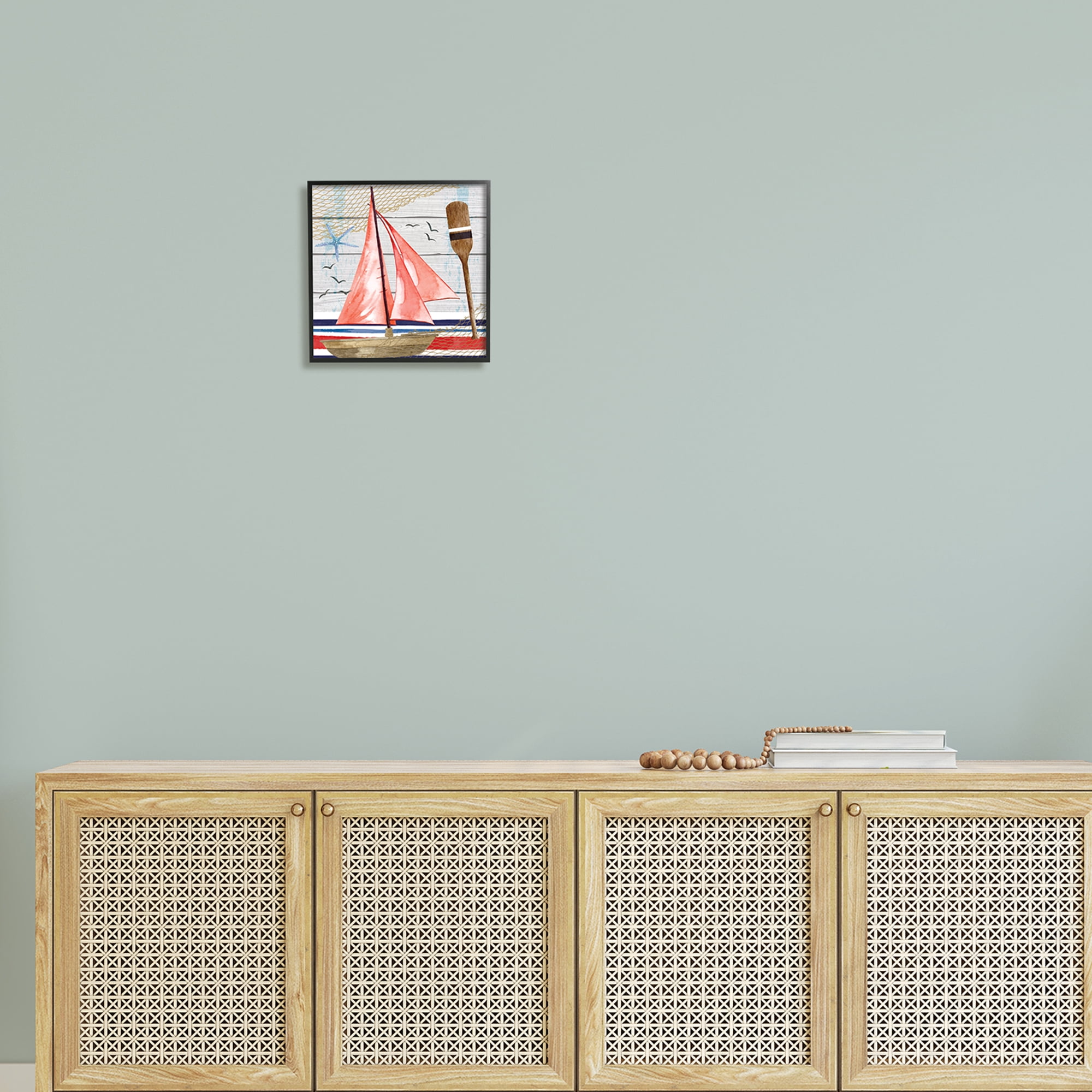 Stupell Coastal Plank Pattern Sailboat Landscape Painting Black Framed Art Print Wall Art
