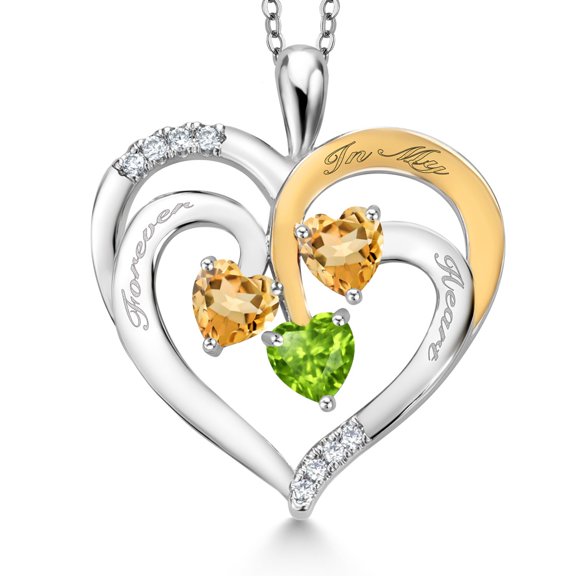 Gem Stone King Two Tone Yellow Citrine and Green Peridot Created Moissanite `Forever in My Heart` Engraved Pendant Necklace for Women (1.42 cttw, Heart Shape 5MM, 18 inch Chain)
