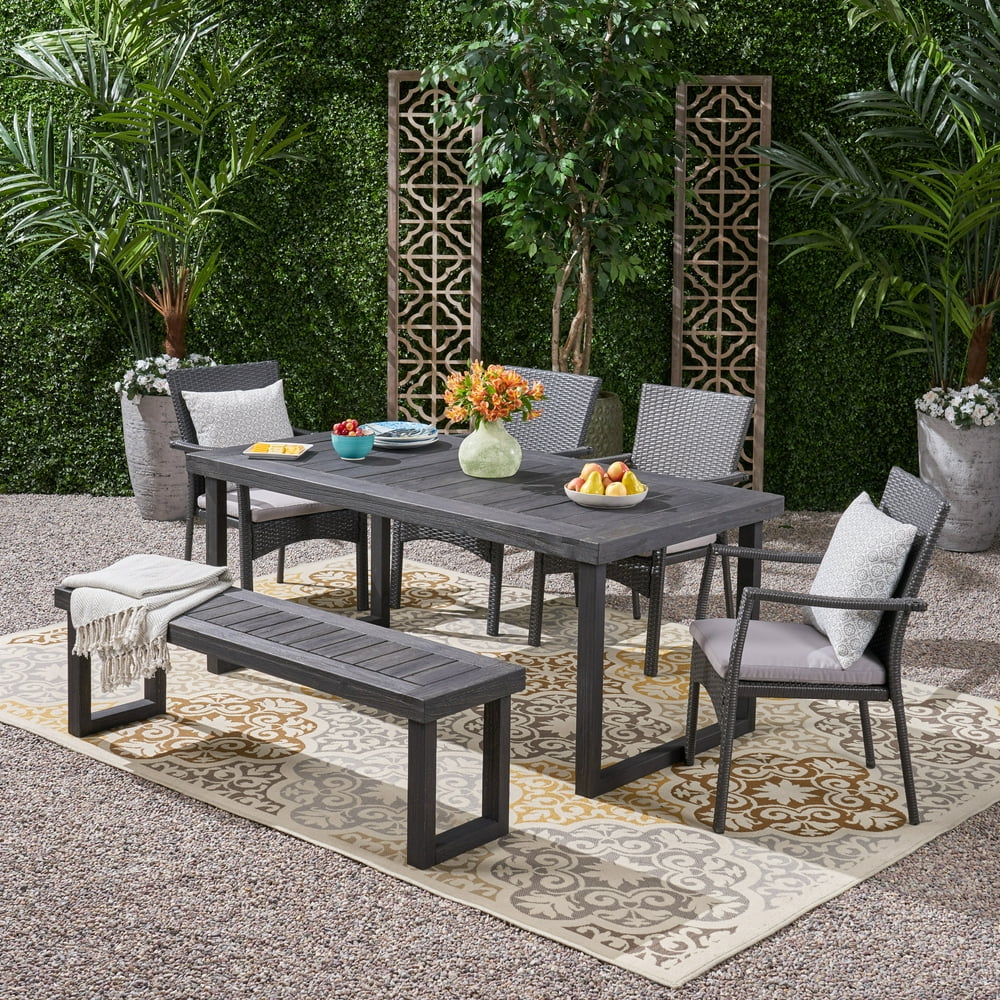 Lily Outdoor 6 Piece Acacia Wood Dining Set with Bench and Wicker
