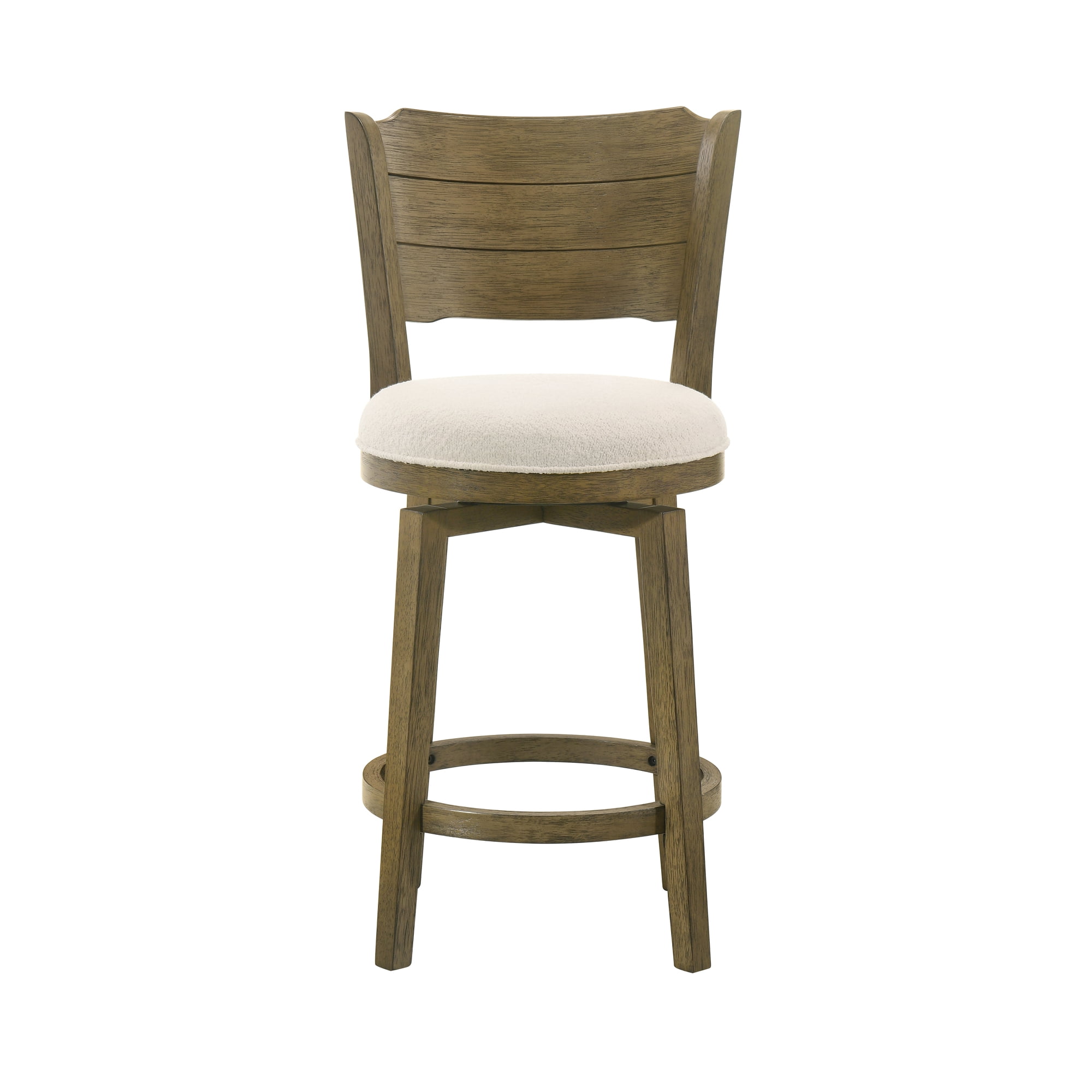Winsley Coastal Modern Swivel Wood Counter Height Kitchen Bar Stool in Putty Brown Finish with White Boucle Fabric Upholstered Seat