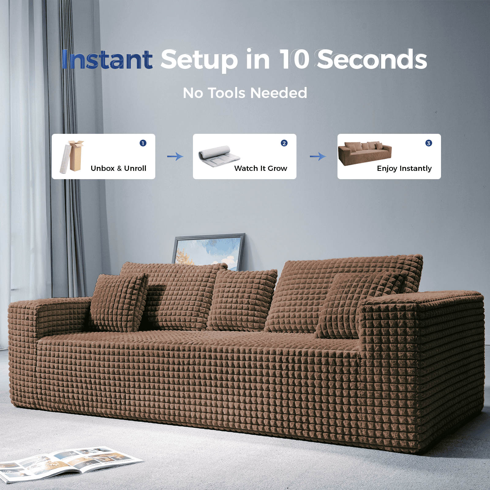 Patbrela 101" Couch for Living Room Furniture Diamond Boneless Sofa with 31-inch Extra Deep Seat, No Assembly, Brown