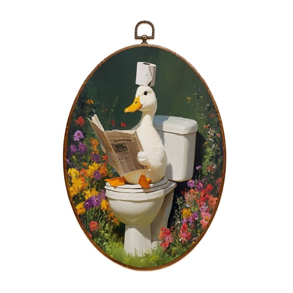 Duck Canvas Wall Art Duck Botanical Floral Bathtub Newspaper Toilet Flowers Hat Oval Framed Canvas Prints Vintage Wall Hanging Decor for Home Decorations 8.6"x11.4"