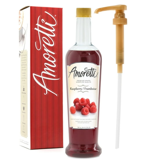 Amoretti - Premium Raspberry Syrup, 94 Servings Per Bottle (750 ml), with Pump for Flavoring Coffees, Cocktails, and other Beverages, Gluten Free, GMO/GEO Free, Preservative Free