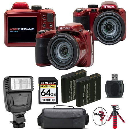 Kodak PIXPRO AZ425 Digital Camera (Red) + Extra Battery + Flash - 64GB Kit