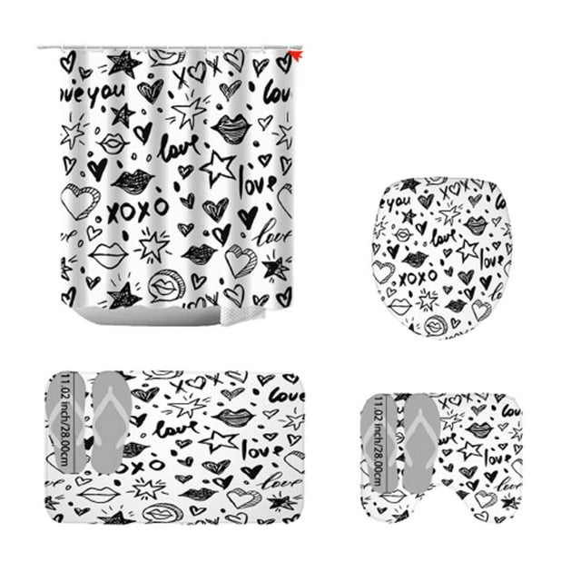 Kabnic Rideau de Douche de la Saint-Valentin Rideau de Douche de la Saint-Valentin Tapis de Sol Ensemble de Quatre Pièces Maison Salle de Bain Séparation Sec Humide Cloison Rideau de Douche Imperméable Rideau de Douche
