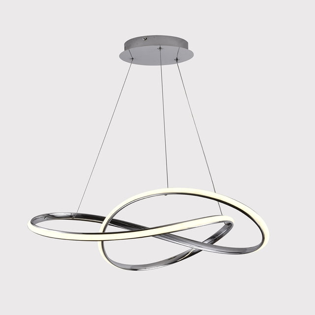 lámpara knot luxica lighting tipo candil colgante led plateada 6003 c lámpara colgante LED plateada con anillos geométricos entrelazados y tiras LED integradas, acabado cromado, suspendida por tres cables desde placa circular; dimensiones 65 x 65 x 13 cm, potencia 130W, 3 temperaturas de color (3000K, 4500K, 6000K), control remoto y regulador de intensidad. También suele usarse para iluminación decorativa sobre islas de cocina o mesas de comedor.