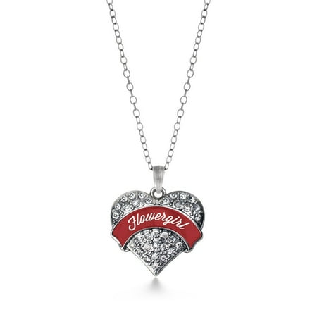 Crimson Red Flower Girl Pave Heart Necklace