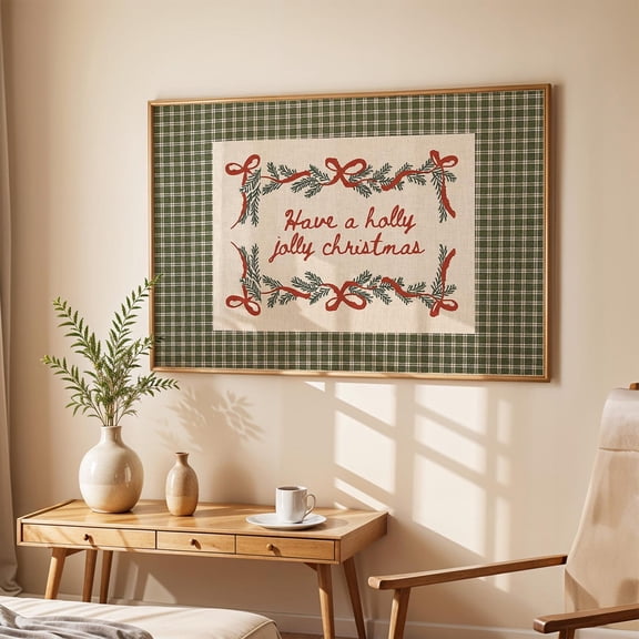 Christmas Quote Gingham Print, Have a Holly Jolly Christmas, Vintage Holiday Wall Art, Country Cottage Winter Decor, 12x18 UNFRAMED