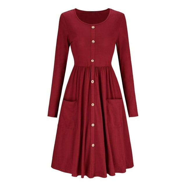 Vestido de cuello redondo para mujer,Vestido de manga larga Vestido midi redondo de manga larga Vestido de manga larga con botones Resultados impresionantes