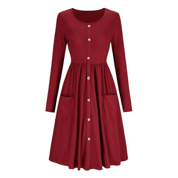 Women Round Collar Dress, Long Sleeve Midi Dress A Line Pure Color High Waist Pocket For Dating For Lady For Club Red XL