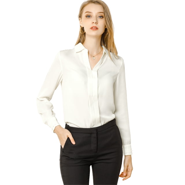 Camisa de Trabajo Unique Bargains Manga Larga Blusa Elegante Cuello V Mujer Blanco M