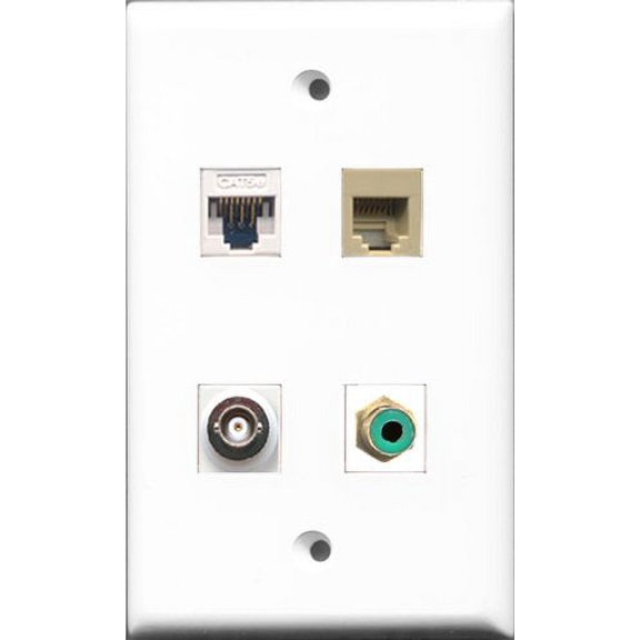 RiteAV 1 Port RCA Green and 1 Port Phone RJ11 RJ12 Beige and 1 Port BNC and 1 Port Cat5e Ethernet White Wall Plate