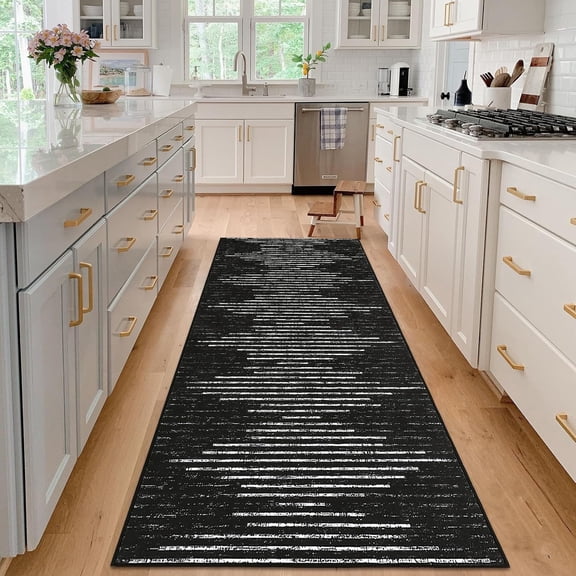 2x6 Striped Runner Rugs Non-Slip Hallway Runners, Low Pile Stain-Resistant Kitchen Rug Distressed Washable Rug for Laundry Room Entryway, Black and White Area Rug
