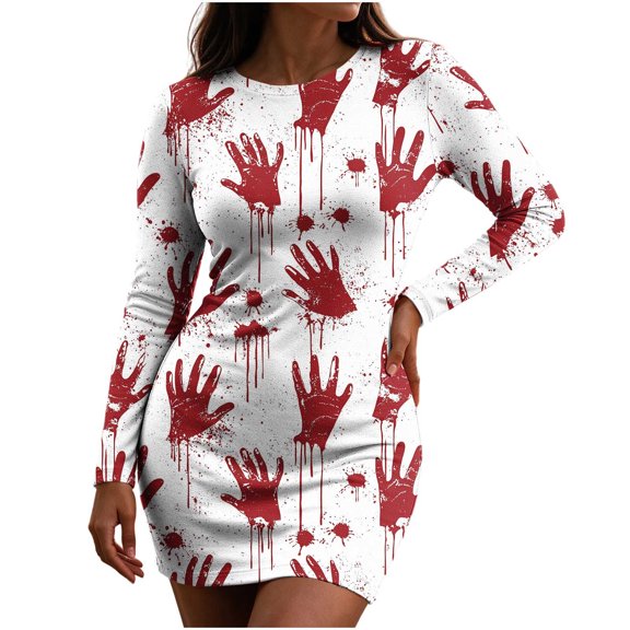 PBFRDSJ Womens Long Sleeve Crew Neck Graphic Print Bodycon Mini Dress for Daily Wear Casual Outings Halloween Party Gatherings