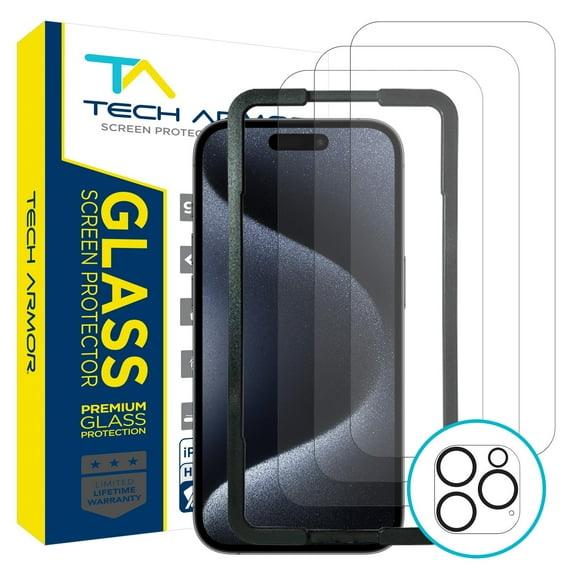 Tech Armor iPhone 15 Pro Max Screen Protector 6.7 Inch - Ballistic Tempered Glass, Case Friendly, Sensor Protection, HD, 9H Hardness, 3 Pack Bonus Camera Lens Protector