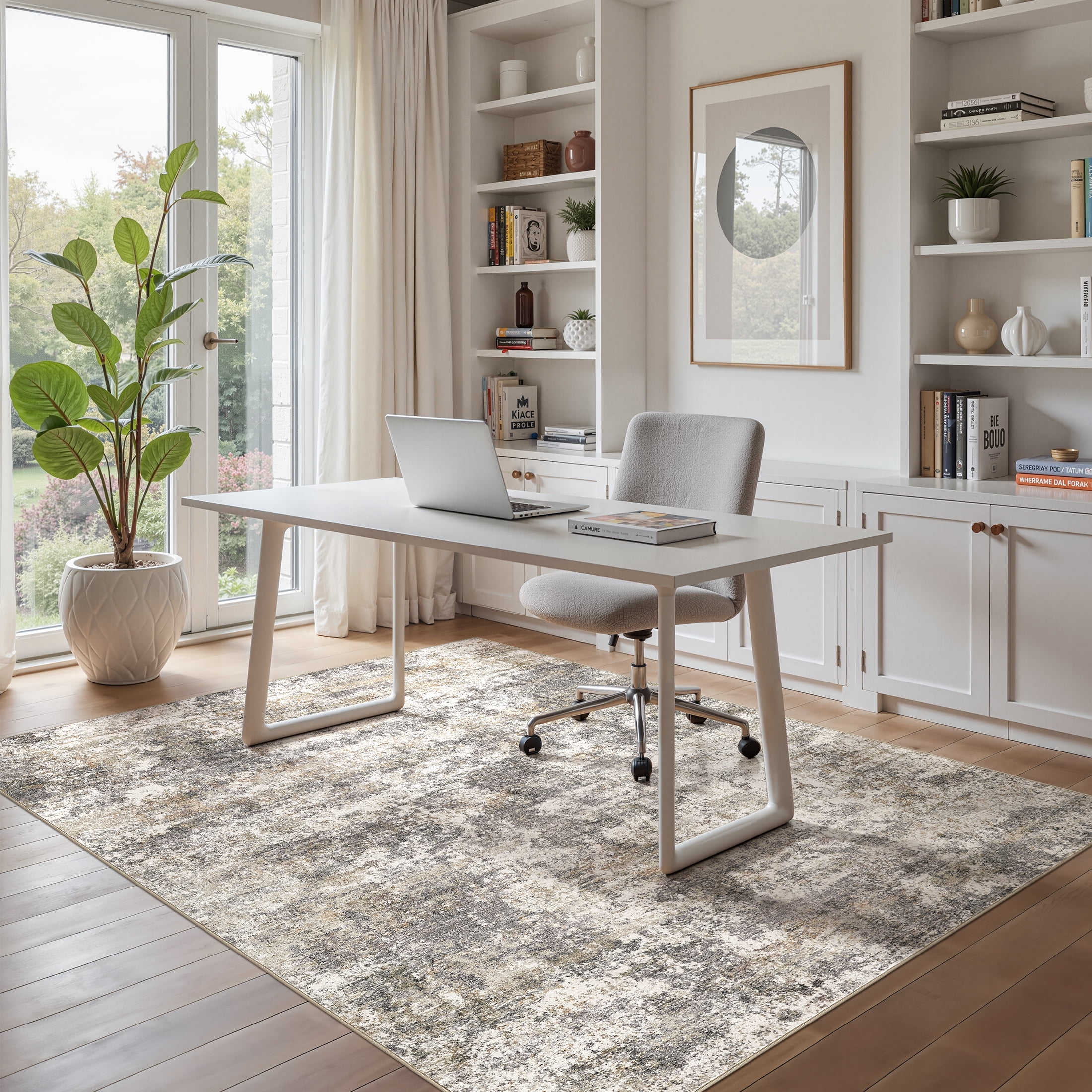 MICGEEK 5x7 Washable Area Rugs for Living Room, Modern Abstract Printed Rug, Vacuum-Friendly, Non Slip Indoor Rug for Bedroom Dining Room Home Decor Carpet, Gray/Brown